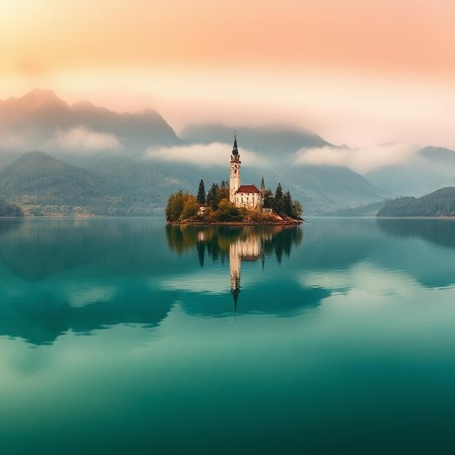 Lake Bled at sunrise with church island and Julian Alps — Discover Slovenia with Trips to Slovenia, your ultimate travel guide.
