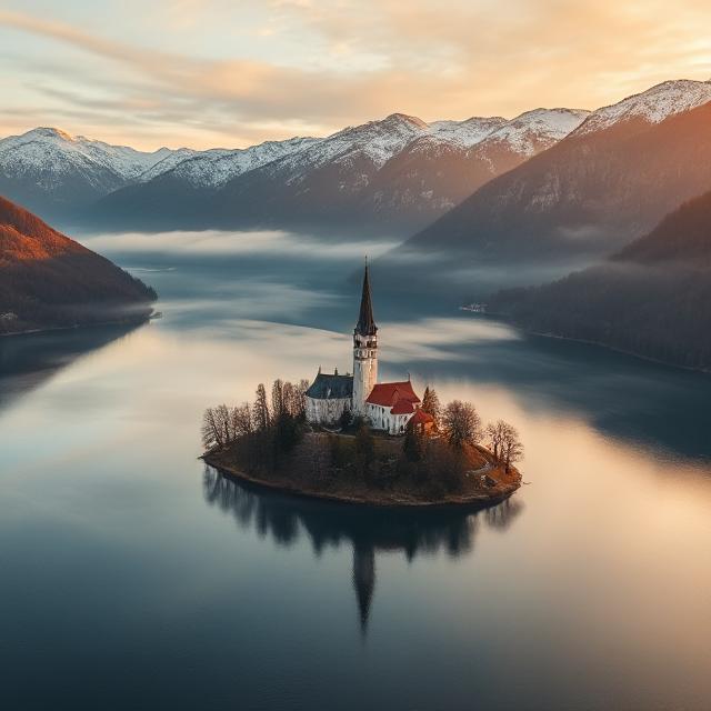 Aerial sunrise view of Lake Bled with its island church and Bled Castle surrounded by the Julian Alps.