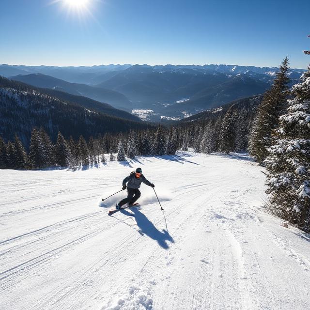 Skiing & Winter Sports in Slovenia – Experience the Snowy Alpine Adventure Slovenia 1 Skier on snowy slopes in Kranjska Gora with Slovenian Alps in the background.