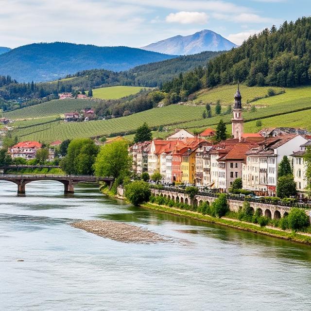Panoramic view of Maribor’s Old Town and Drava River with vineyards and Pohorje Hills in the background — Slovenia’s vibrant wine capital.