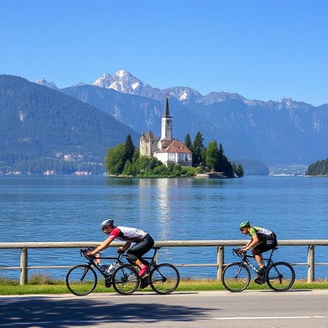 Cyclists enjoying a scenic ride near Lake Bled with mountain views in Slovenia.