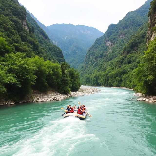 Rafters paddling on the emerald Soča River surrounded by Slovenian mountains.