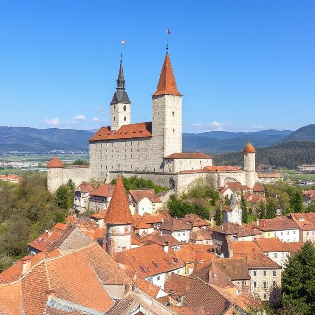 A scenic view of Celje Castle perched on a hill above the historic old town with red-roofed buildings and lush greenery.