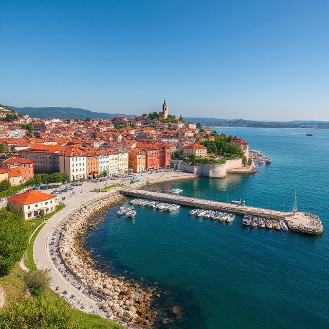 Panoramic view of Piran’s coastal town with Venetian-style buildings, harbor boats, and the Adriatic Sea under a clear sky.