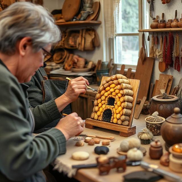 Slovenian artisan creating handmade souvenirs and traditional crafts, representing opportunities for locals to earn from tourism.