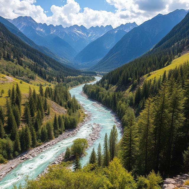Aerial view of the Soča Valley in Slovenia with the emerald-green Soča River flowing through alpine mountains, surrounded by lush forests and adventure sports activities.