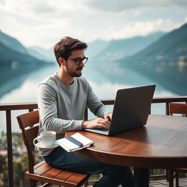 Digital nomad working remotely on laptop at Lake Bled, Slovenia, with mountains reflected in the lake, 2025 digital nomad visa concept