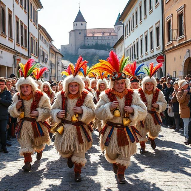 Kurents in traditional sheepskin costumes and masks dancing through the streets of Ptuj during the Pust Carnival in Slovenia, with Ptuj Castle in the background.