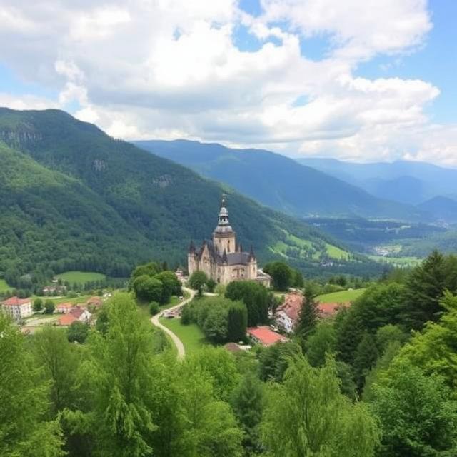 Blue-green Lake Bled with a small island church and castle on a cliff, surrounded by the Julian Alps.
