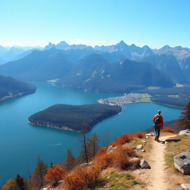 Panoramic view of Lake Bled and the Julian Alps with a hiker, representing guided trips and adventure travel in Slovenia.