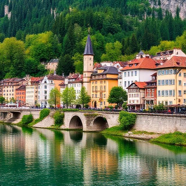Colorful buildings along Ljubljanica River in Ljubljana Slovenia