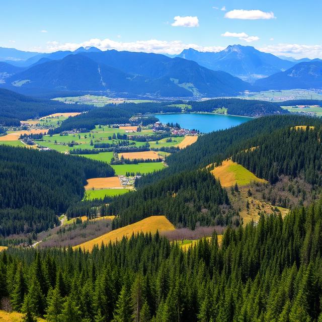 Beautiful countryside landscape between Ljubljana and Lake Bled with forests, mountains, and peaceful lakes.
