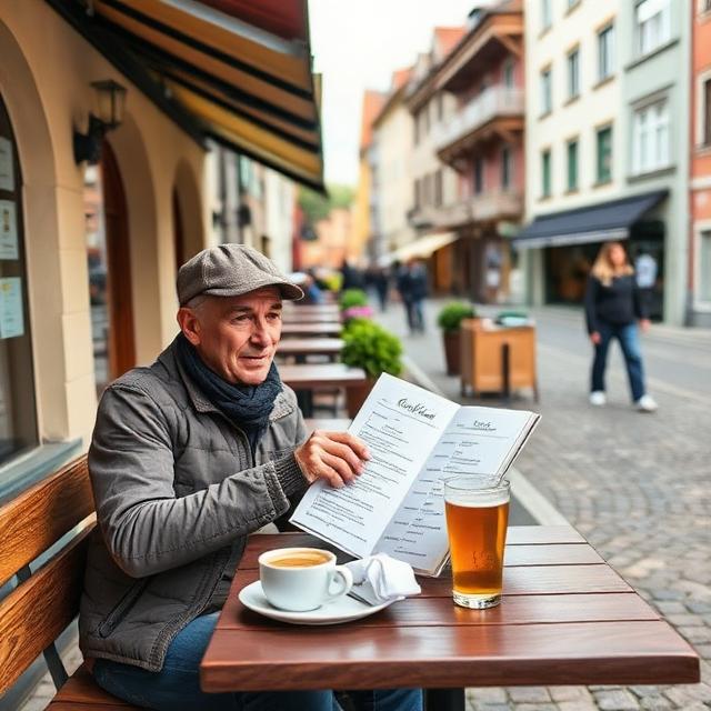 Tourist checking restaurant menu prices at an outdoor café in Ljubljana Slovenia