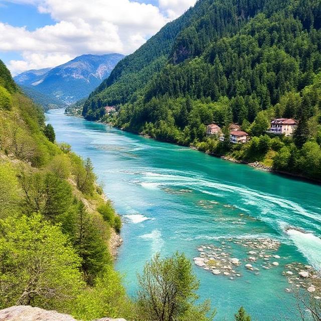 Turquoise Soča River flowing through alpine valley in Slovenia