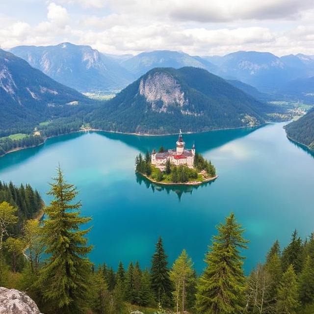 Lake Bled island church surrounded by turquoise water and alpine mountains in Slovenia